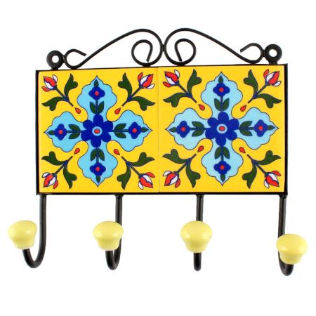 Turquoise Floral Ceramic Tile Hook